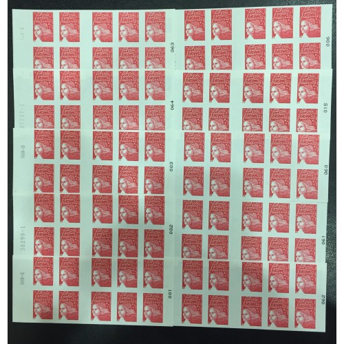 Lot de faciale 100 timbres TVP Rouge 20g - En Carnets (Marianne)