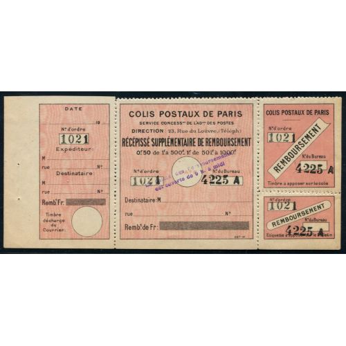 Lot A4096 - Colis Postaux de Paris pour Paris - N°52 **